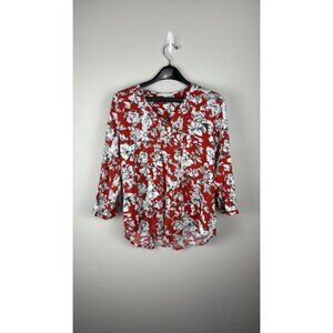 Fun2Fun - Medium - Red Floral Long-Sleeved Blouse With Pleated Neckline